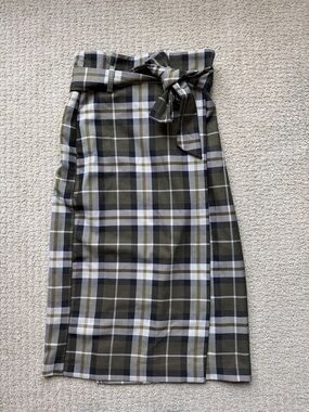 H&M Olive Plaid Midi Pencil Skirt with Waist Tie
